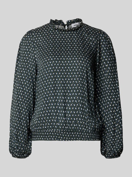 Produktfoto, Bluse aus Viskose mit Rundhalsausschnitt und Rüschen von MORE & MORE, dunkles Muster, elastische Abschlüsse, Straight Fit.