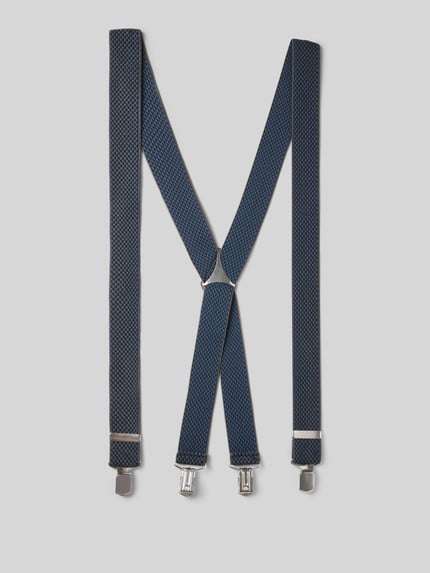Produktfoto, Hosenträger in X-Form von LLOYD, elastisches, dunkelblaues Webmuster, Metallschnallen, Made in Germany, neutrale Oberfläche