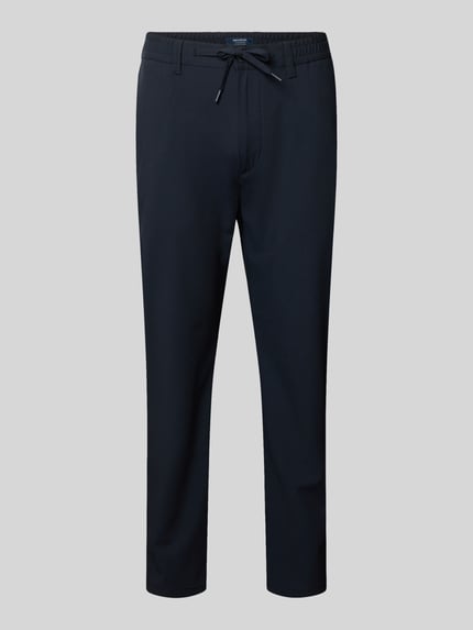 Produktfoto, Stoffhose mit elastischem Bund und Kordelzug von MCNEAL für Herren, Material-Mix mit Viskose-Anteil, Straight Fit, Knopf- und Reißverschluss, französische Eingrifftaschen, Gesäßleistentaschen, dunkelblau, glatte Oberfläche, ideal zum Reisen oder fürs Büro, Bundweite 44 cm, Innenbeinlänge 73 cm.