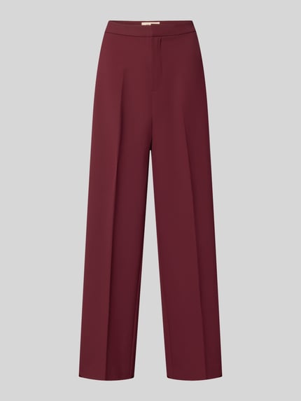 Produktfoto, Wide Fit Hose mit Bügelfalten Modell 'Leya' von MOS MOSH in Dunkelrot, glatte Oberfläche, Haken- und Reißverschluss, Damen Hose, Bundweite 62 cm, Innenbeinlänge 80 cm