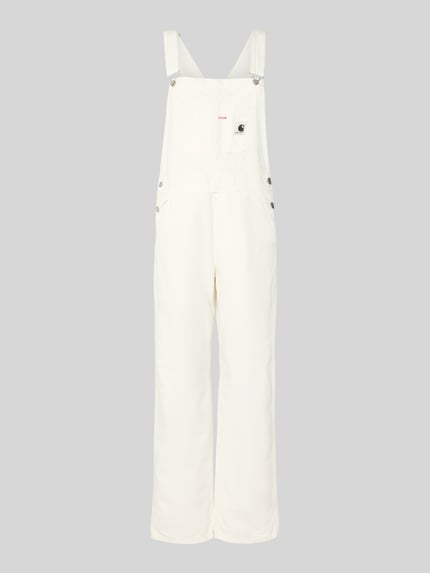 Produktfoto, witte dames jumpsuit van puur katoen, straight fit, model 'BIB' van Carhartt Work In Progress met borstzak, labelpatch, steekzakken, achterzakken, vierkante hals, details zoals beschreven in context