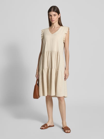 Smith and Soul Knielange jurk van een mix van viscose en linnen met V-hals Offwhite gemêleerd - 1