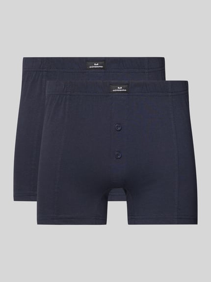 Produktfoto, dunkelblaue Boxershorts mit elastischem Bund von Götzburg Wäsche, reine Baumwolle, körpernaher Schnitt, Knopfverschluss, Label-Detail