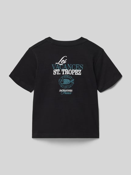 Produktfoto, zwart T-shirt met statement-print model 'CASSIS' van Jack & Jones, pure katoen, regular fit, ronde hals, labeldetail, ruglengte maat 140: 50 cm