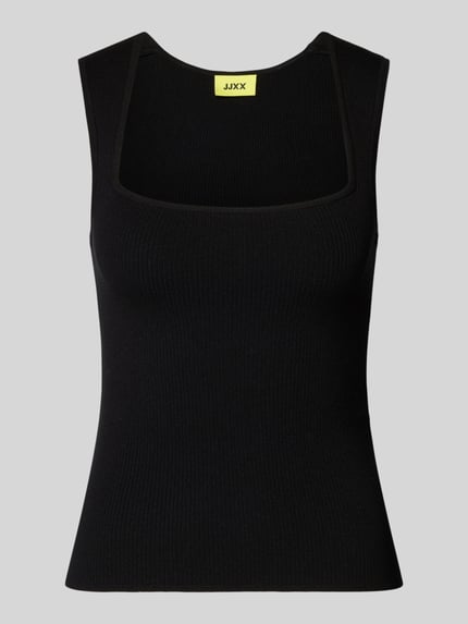 Produktfoto, schwarzes Damen Top aus Viskose-Mix mit Karree-Ausschnitt Modell 'POSIE' von JJXX, Slim-Fit, glatte Struktur, Rückenlänge 52 cm bei Größe S.