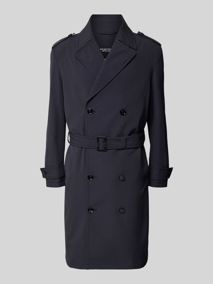 Produktfoto, Regular Fit Trenchcoat mit Taillengürtel Modell 'TRENCH SUMMER' von Strellson, unifarben, Reverskragen, doppelreihige Knopfleiste, Label-Patch, Riegel-Details, Gehschlitz, langarm mit seitlichen Eingrifftaschen und Innentasche.