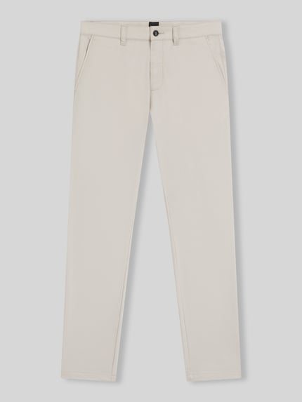 Produktfoto, Slim Fit Chino aus Baumwoll-Mix mit Leinen und Viskose-Anteil von BOSS Orange in Denim-Optik, Twill-Struktur, helle Farbe, seitliche Eingrifftaschen, Gesäßtaschen, Knopf und verdeckter Reißverschluss, Label-Patch, Materialverarbeitung: Baumwoll-Mix mit Leinen und Viskose-Anteil, Passform: Slim-Fit, Bundhöhe: Mid-Waist