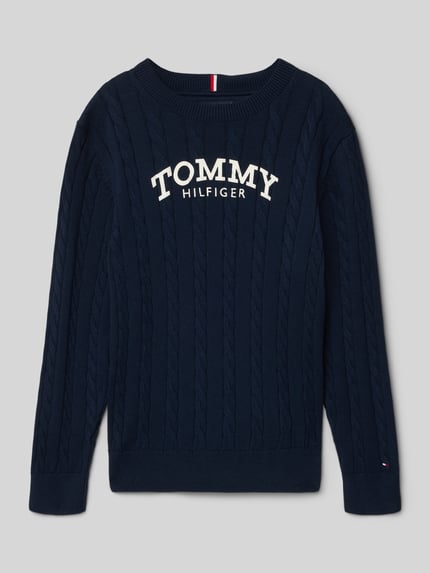 Productfoto, Regular Fit Pullover aus reiner Baumwolle van Tommy Hilfiger Teens in effen donkerblauw met kabelpatroon, logo-stitching, ronde hals, lange mouwen, geribde boorden, gebreid katoen
