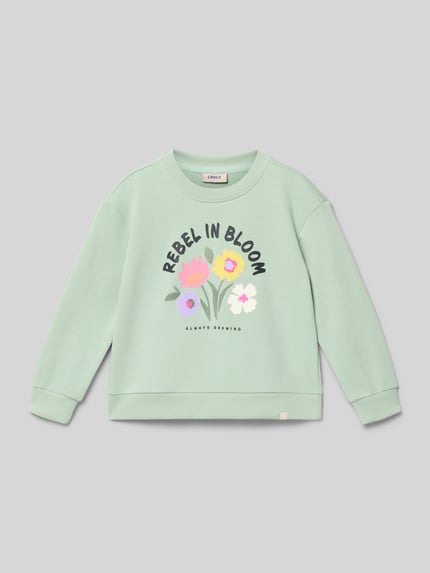 Produktfoto, Regular Fit Sweatshirt aus Baumwoll-Mix Modell 'GRUTHALINA' von Only, mintgrün, Motiv-Print mit Blumen, gerippte Abschlüsse