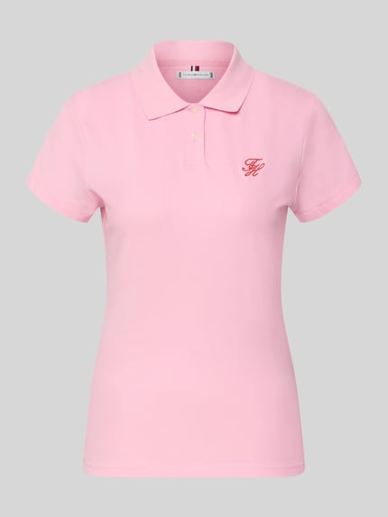 Produktfoto, Slim Fit Poloshirt aus Baumwoll-Mix von Tommy Hilfiger, unifarbenes rosa Piqué, kurzarm, Logo-Stitching, Polokragen, 2-Knopf-Verschluss.