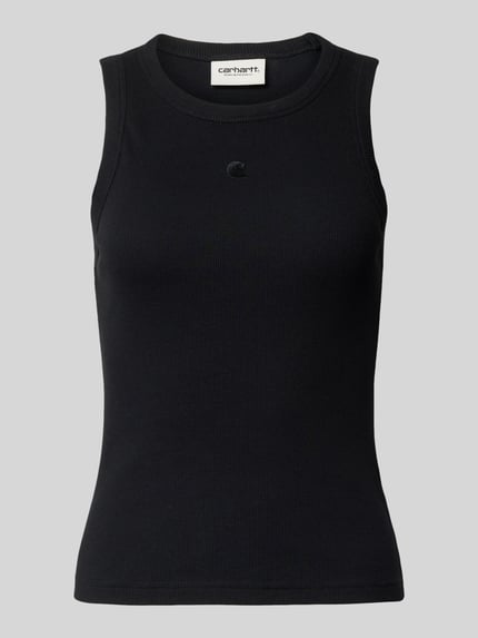 Produktfoto, schwarzes Tanktop in Ripp-Optik Modell 'Philips' von Carhartt Work In Progress aus Baumwoll-Elasthan-Mix, Slim-Fit, Rundhalsausschnitt, Rückenlänge 53 cm bei Größe S.