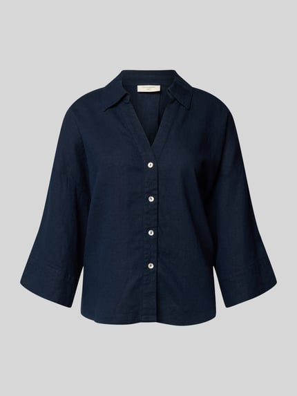 Produktfoto, Boxy Fit Bluse mit V-Ausschnitt Modell 'Lava' von FREE/QUENT, len-biszkowy miks, ciemnogranatowy, guziki, kołnierz koszulowy, 3/4 rękaw, tekstura gładka
