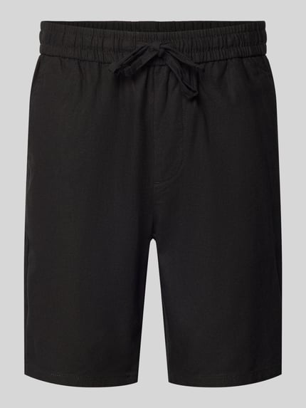 Produktfoto, Regular Fit Bermudas aus Baumwoll-Leinen-Mix Modell 'LINUS' von Only & Sons, unifarben schwarz, elastischer Bund, seitliche Taschen, Gesäßtasche.