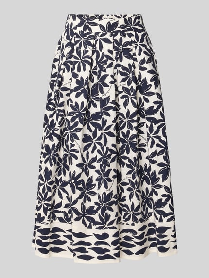 Produktfoto, Faltenrock im Allover-Look mit elastischem Bund von ROBE LÉGÈRE aus Baumwoll-Elasthan-Mix, A-Linie, Midirock, weiß-blau, florales Muster, Bundweite bei Größe 36: 34 cm, Gesamtlänge bei Größe 36: 84 cm.
