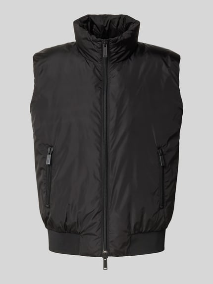 Produktfoto, schwarze Weste mit Zweiwege-Reißverschluss von Dsquared2, Stehkragen, Reißverschlusstaschen, gerippter Bund, gerade Passform
