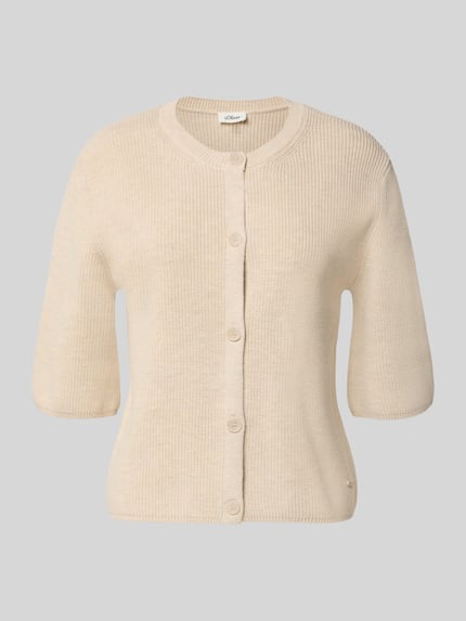 Produktfoto, Regular Fit Strickjacke aus Baumwoll-Mix von s.Oliver RED LABEL, kremowy rippstrick, krój regular fit, dekolt typu crew neck, krótki rękaw, jednorządowe guziki, label-aplikacja