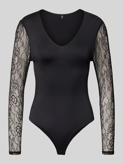 Produktfoto, Slim Fit Body mit Spitzenärmeln Modell 'SIA' von Only, Optik: Unifarben, semitransparent, V-Ausschnitt, Langarm, Druckknopfverschluss, Stretch-Webstruktur, Spitze