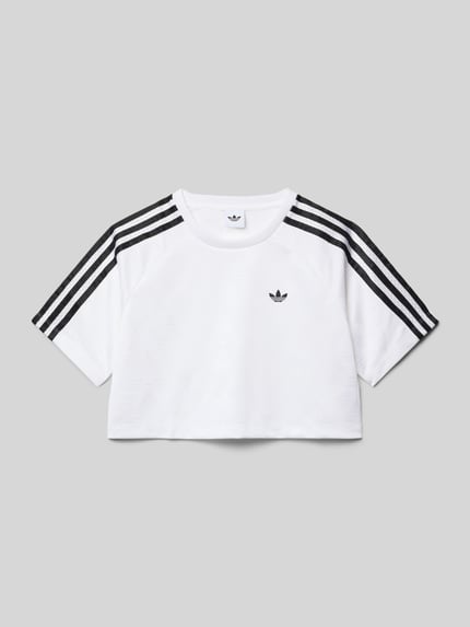 Produktfoto, Boxy Fit T-Shirt mit Kontrststreifen von adidas Originals in Optik: Unifarben, Passform: Boxy-Fit, Länge: Cropped, Logo-Print, Kontraststreifen, Rundhals, Kurzarm, glatte Textur