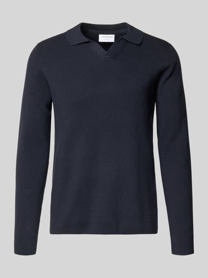 Produktfoto, Relaxed Fit Strickpullover in Ripp-Optik von Lindbergh, Herren, Baumwoll-Mix, dunkle Farbe, Polokragen, V-Ausschnitt