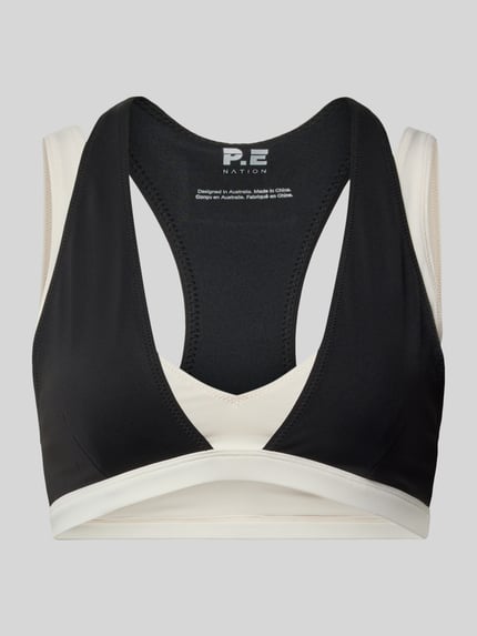 Produktfoto, Racerback-Bustier mit V-Ausschnitt Modell 'ACTIVE' von P.E Nation, Material-Mix mit Stretch-Anteil, Schwarz-Creme, Körpernahe Passform