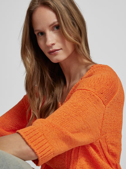 Oui Loose Fit Strickpullover mit Leinen-Anteil Orange 3