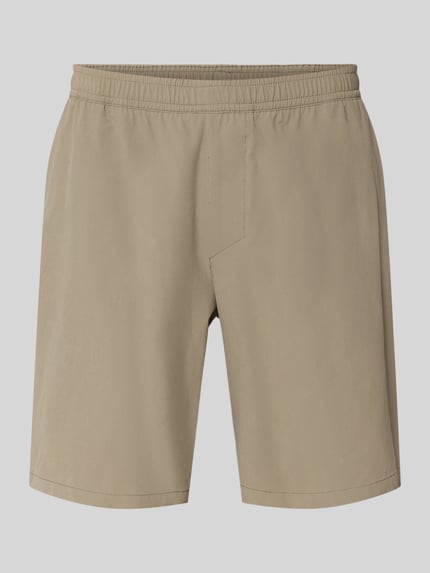 Produktfoto, Regular Fit Sport-Shorts mit Label Print Modell 'TREVOL' von BOSS Green, krój regular fit, elastyczny ściągacz, tunel, wpuszczane kieszenie boczne, kieszeń z tyłu, wykończenie materiału: rozciąganie w 4 płaszczyznach, beżowy kolor, gładka tekstura
