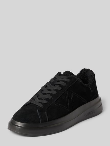 Produktfoto, Sneaker aus echtem Leder Modell 'ELBA' von GUESS, czarny aksamit, ozdobne szwy, fakturowana podeszwa, wytłaczane logo, wiązanie, zaokrąglony kształt, wysokość obcasa w rozmiarze 44: 4 cm, wysokość cholewki: 7 cm, szerokość w rozmiarze 44: 7 cm