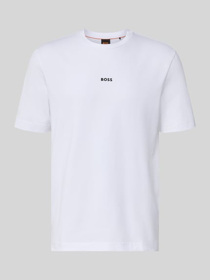 Produktfoto, weißes T-Shirt mit Label-Print von BOSS aus Baumwoll-Elasthan-Mix, Regular Fit, Rundhalsausschnitt, glatte Oberfläche