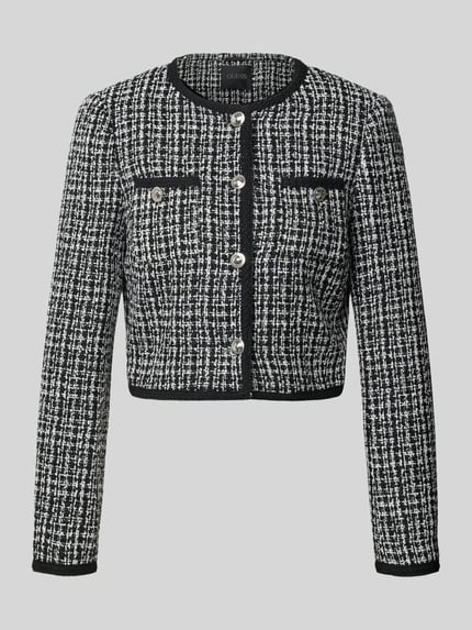 Produktfoto, Slim Fit Blazer in Bouclé-Optik mit Viskose-Anteil Model 'JOLE' van GUESS, Materiaalmix met viscose, Bouclé-look, doorlopende knoopsluiting, borstzakken, ruglengte maat S 44 cm, borstwijdte maat S 45 cm, mouwlengte maat S 62 cm.