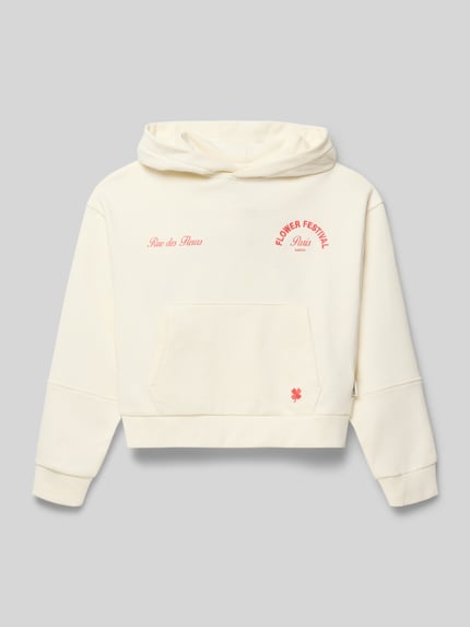 Produktfoto, Regular Fit Hoodie mit Motiv-Stitching von Garcia in Cremeweiß mit Logo-Print, Känguru-Tasche und elastischen Abschlüssen.