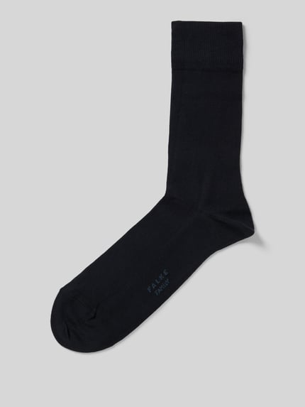 Produktfoto, schwarze Socken mit elastischen Rippenbündchen und Unifarbenes-Design, Modell 'Family SO' von Falke mit Label-Detail