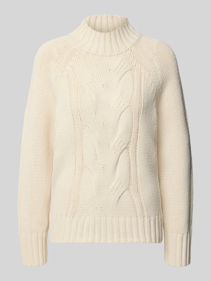 Produktfoto, Pullover mit Zopfmuster-Struktur von S.OLIVER CASUAL in Creme, Strickoptik, Regular Fit, Rollkragen, lange Raglanärmel, gerippte Abschlüsse.