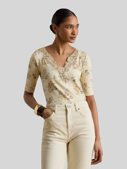 Lauren Ralph Lauren slim fit T-shirt van katoenmix met kant Zand - 4
