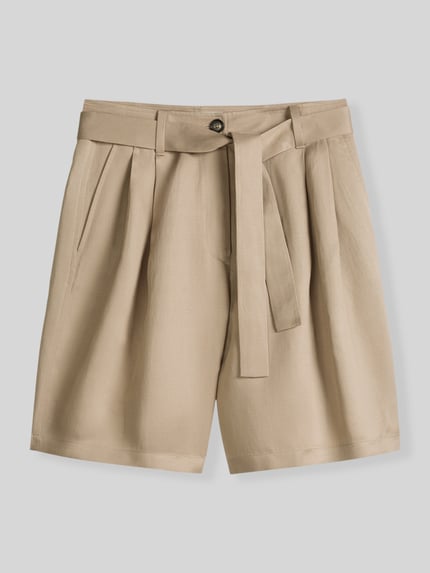 Productfoto, Relaxed Fit Shorts mit Leinen-Anteil van Marc O'Polo, beige effen, high waist, bandplooi, stoffen riem, knoopsluiting.