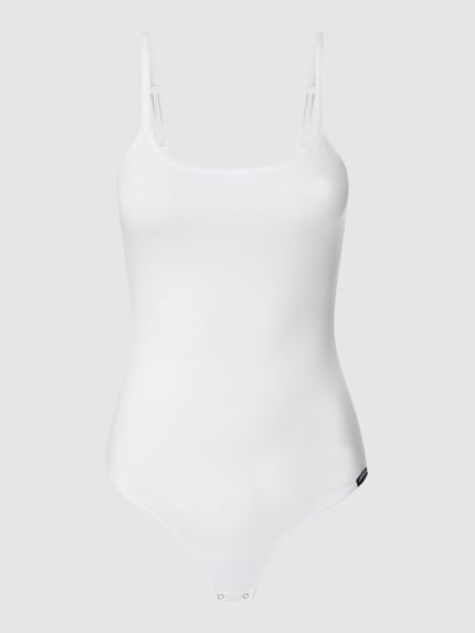 Produktfoto, Slim Fit Body mit Logo-Patch von Skiny aus elastischem Baumwoll-Mix, Spaghettiträger, Druckknopfverschluss, weiß