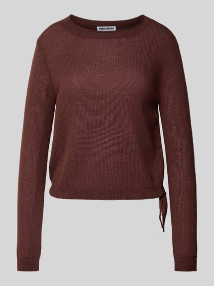 Produktfoto, Rundhals Pullover mit Tunnelzug van Review in donkerbruin, losse pasvorm, geribbelde boorden, tunnelkoord, structuur breisel.
