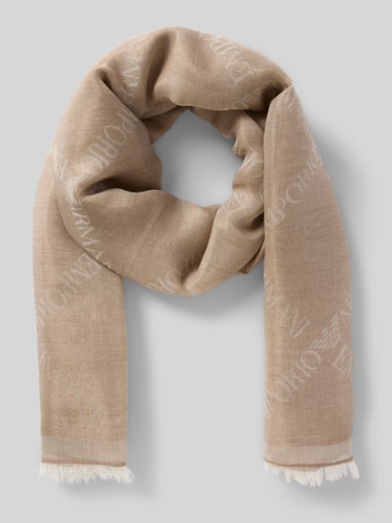 Produktfoto, Schal mit Fransen von Emporio Armani in Beige, rechteckige Form, Label-Details, Baumwoll-Mix mit Viskose-Anteil, feine Textur