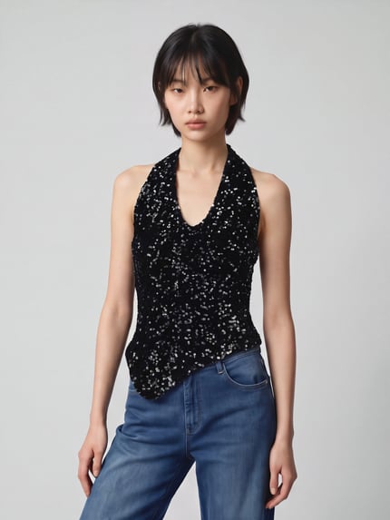 ONLY Top mit Pailletten asymmetrischem Saum Metallic Black 4