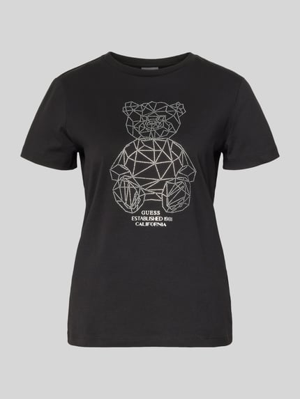 Produktfoto, schwarzes T-Shirt mit Ziersteinbesatz und Rundhalsausschnitt von Guess Activewear, Slim Fit, Baumwoll-Elasthan-Mix, Vorderseite.