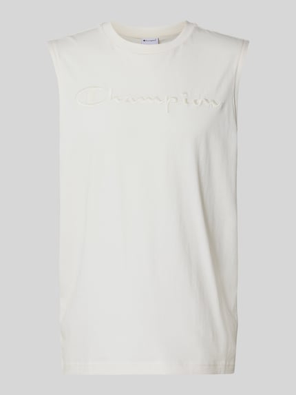 Produktfoto, Top mit Label-Stitching und Rundhalsausschnitt von CHAMPION aus reiner Baumwolle in Weiß, Regular Fit, strukturierte Oberfläche.