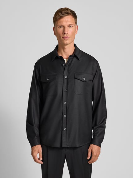 Cruna Regular fit overshirt van scheerwol met klepzakken Zwart - 4