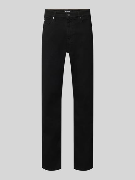 Produktfoto, schwarze Straight Fit Jeans aus Baumwoll-Mix Modell 'Re.Maine' von BOSS, glatte Oberfläche vor grauem Hintergrund. Kontext: Herren Straight Fit Jeans von BOSS