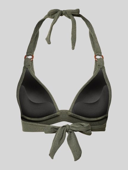 Produktfoto, Bikini-Oberteil mit Label-Detail Modell 'MAHO' van Banana Moon, materiaalmix met stretch, nauwsluitend model, halter, vetersluiting, olijfgroen met zwarte accenten, grove textuur.