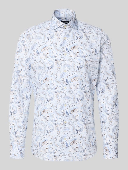 Produktfoto, Body Fit Businesshemd aus Baumwoll-Mix von OLYMP Level 5, weiß mit blau-beigem Paisley-Muster, glatte Struktur