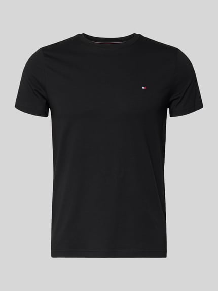 Produktfoto, Slim Fit T-Shirt mit Rundhalsausschnitt von Tommy Hilfiger aus Baumwoll-Elasthan-Mix, Logo-Stickerei, Schwarz, Slim Fit