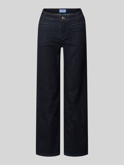 Produktfoto, dunkelblaue Gerade Hose aus Baumwoll-Mix mit sichtbaren Nähten, glatter Struktur, Cropped Fit, Modell 'TESS CROPPED' von CAMBIO, Damen Gerade Hose