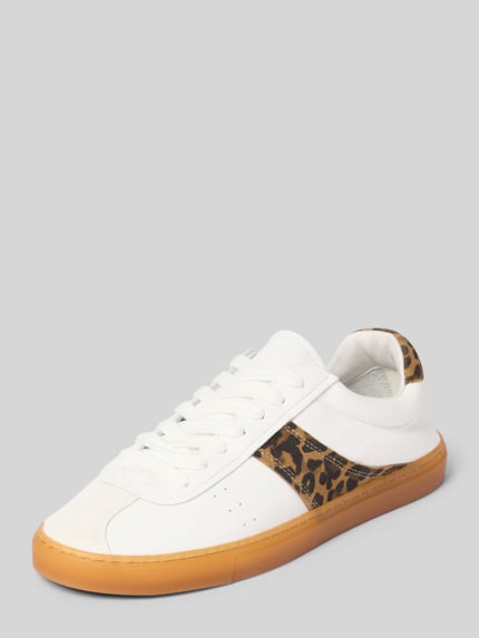 Productfoto, Sneaker aus Leder mit Schnürung Modell 'CPH98' van Copenhagen, dames sneakers van echt leer met afgeronde punt, vetersluiting, schachthoogte 7 cm, schachtbreedte 8 cm, hakhoogte 2 cm, wit met bruine zool en dierenprint-details, glad oppervlak