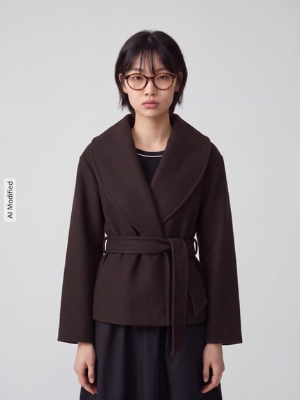 Frauenmodel trägt Regular Fit Teddy- / Webpelzjacke mit Bindegürtel Modell 'ANNE' von VERO MODA in Dunkelbraun mit breitem Kragen, glatte Textur, Ganzkörperansicht von vorne, Damen Teddy- / Webpelzjacke von VERO MODA, KI-modifiziertes Bild.