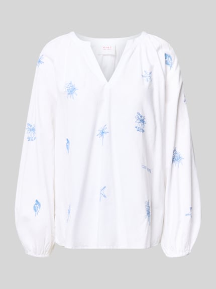 Produktfoto, Regular Fit Tunikabluse mit Stitchings und V-Ausschnitt von Oui, weiße Reine Baumwolle mit blauen Stitchings, Rückenlänge 66 cm, Ärmellänge 59 cm, Damen