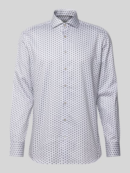 Produktfoto, Modern Fit Business-Hemd aus Baumwolle mit Kentkragen von Eterna, Allover-Look mit Knopfleiste, Herren, weiße Grundfarbe, dezentes Punktmuster, glatte Textur, Rückenlänge 81 cm, Schulterbreite 45 cm, Ärmellänge 66 cm.